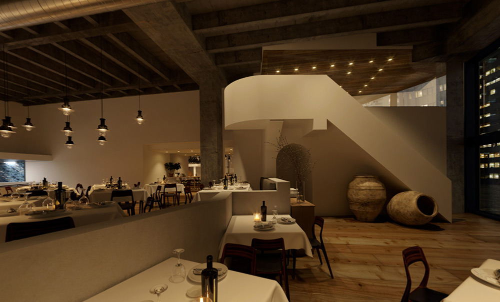 Restaurant Milos, New-York, réalité virtuelle, rendu photo-réaliste, 3d rendering, Montréal, Québec