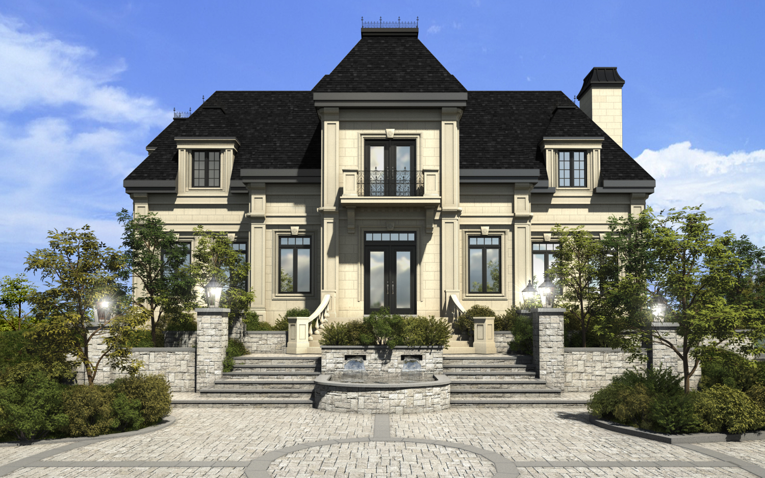 Maison prestige 3D, maison pierre, avac, maison béton, 3d rendering, Montréal, Québec