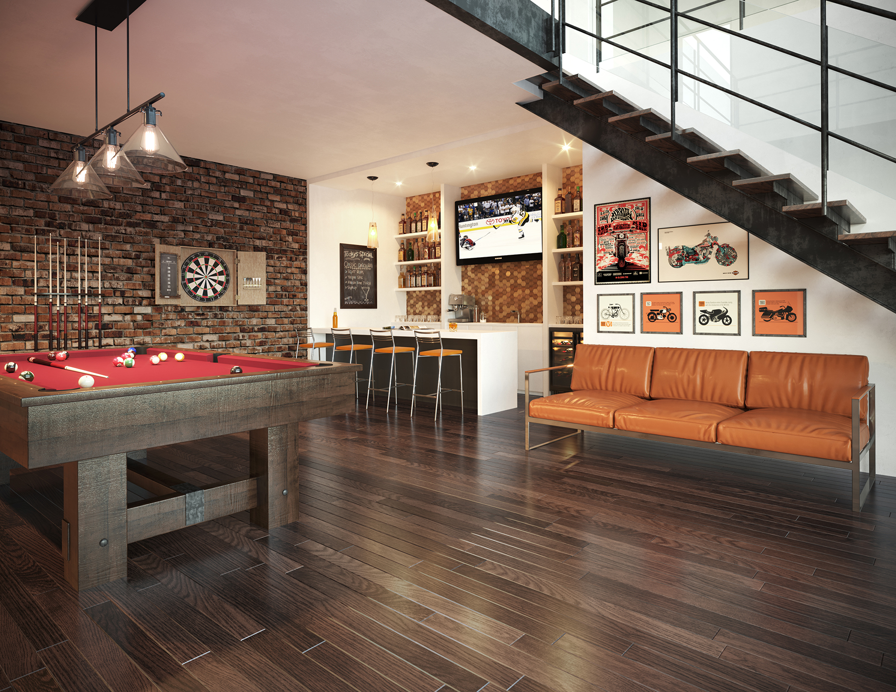 Salle de billard 3D, bar sous-sol, plancher, rendu photo-réaliste, 3d rendering, Montréal, Québec